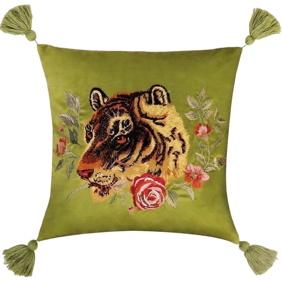 JWH 18*18inch Tiger Decorative Throw Pillow Covers in Green with Tassels for Home Hotel Office Decoration