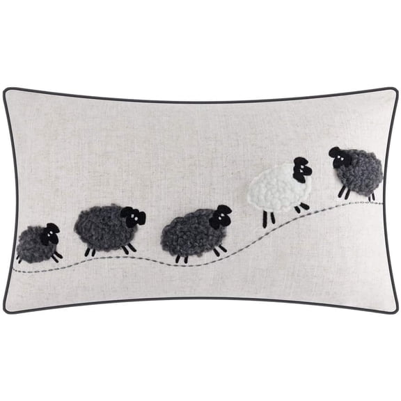 JWH Embroidered Sheep Lumbar Pillow Cover 12x20inch Linen Blend Beige Farmhouse Decorative Throw Pillow Case for Sofa Bed Living Room Decor