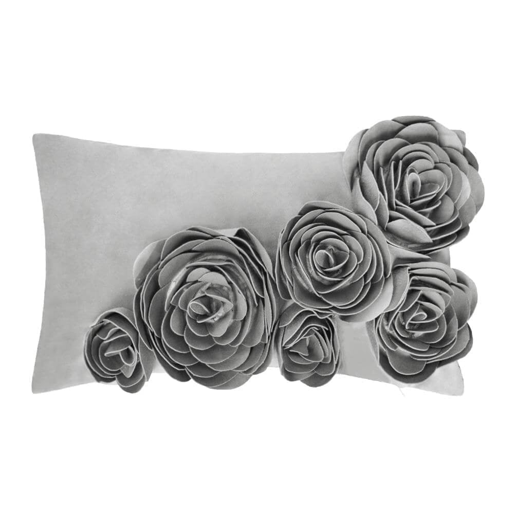 JWH 3D Decorative Soft Gey Velvet Rose Design Throw Pillow Covers for Bed Sofa Chair Decor 12x20inch Gray