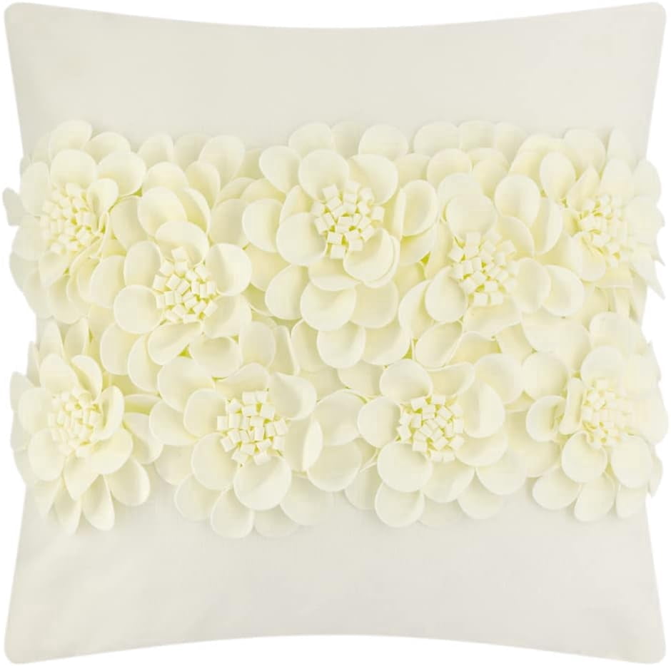 JWH Handmade 3D Flower Throw Pillow Covers Aesthetic Decorative Floral Accent Pillow Cases 18"x18"Cream for Sofa Couch Bedroom Decor