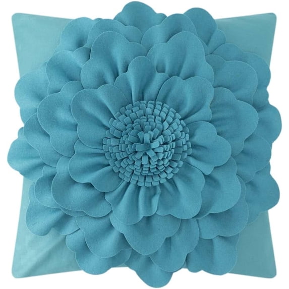 JWH 3D Handmade Wool Flower Pillow Covers Decorative Floral Accent Pillow Cases 18x18inch Aqua for Room Decor