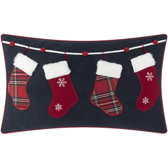 JWH Handmade Decorative Festive Red and Plaid Stocking Christmas Pillows Covers 12*20inch Navy Blue