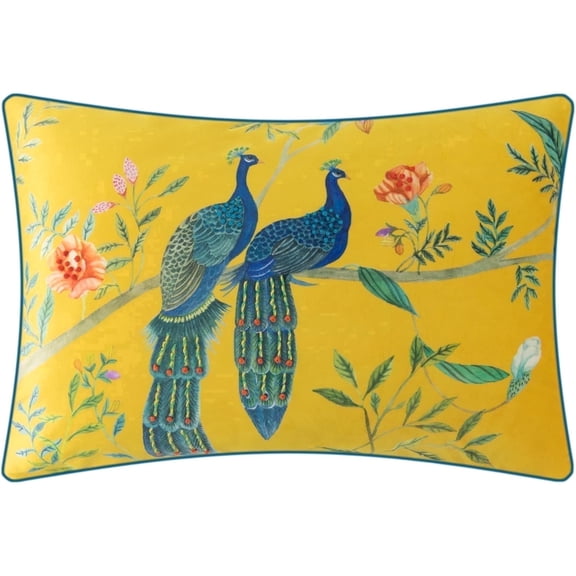 JWH Handmade Peacock Throw Pillow Covers 14x20inch Yellow Velvet Throw Cushion Covers for Home Decor