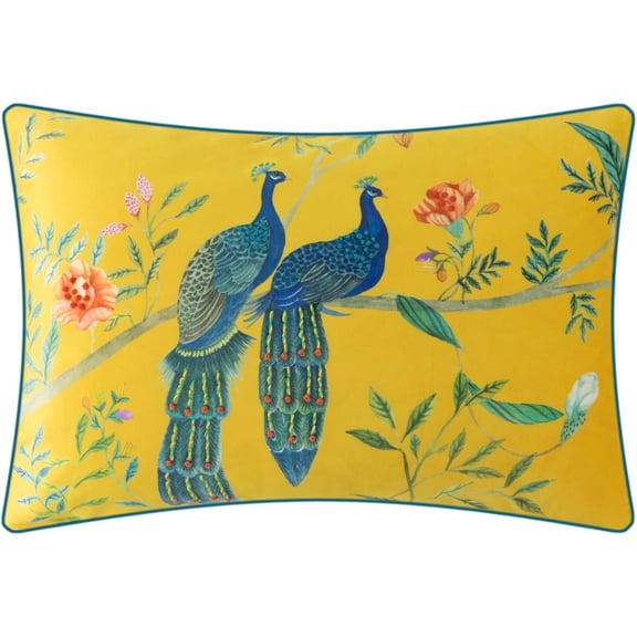 JWH Oriental Peacock Floral Decorative Throw Pillow Covers 14x20inch Yellow Throw Cushion Case for Home Decor
