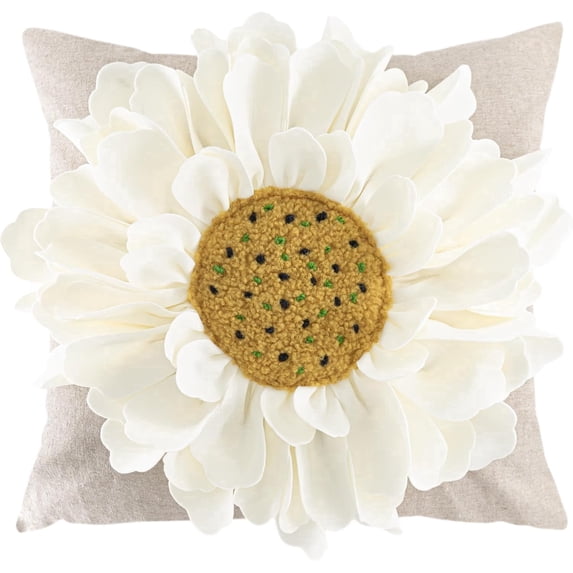 JWH 3D White Daisy Pillow Case Linen Blend Base Hand-Stitched Flower Center Decorative Cushion Cover for Living Room Bed 18"x18"