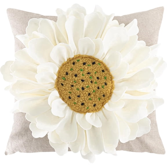 JWH 3D White Daisy Pillow Case Linen Blend Base Hand-Stitched Flower Center Decorative Cushion Cover for Living Room Bed 18"x18"