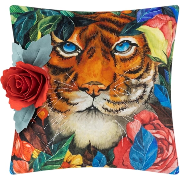 JWH Print Tiger and Floral Decorative Throw Pillow Covers Soft Chenille Fabric Tiger Cushion Covers for Sofa Bed 18x18 Inches Multicolor