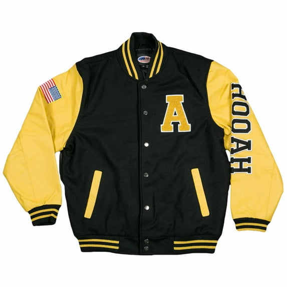 JWM Military Mens Leather Polyester Embroidered Varsity Jacket (ARMY / Black-Gold, Large)