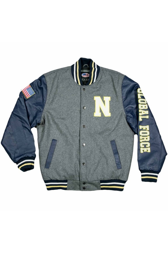 JWM Military Mens Leather Polyester Embroidered Varsity Jacket (Navy / Grey-Navy, X-Large)