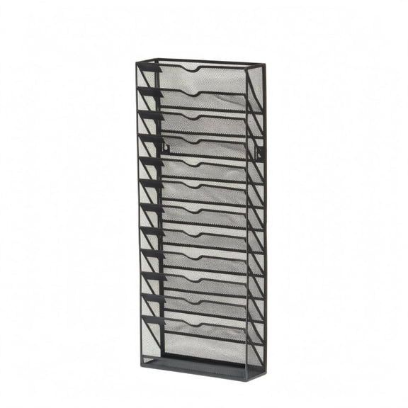 JWQFBC 13-Tier File Rack Stepped Slots Metal Mesh File Organizer Wrought Iron Style Vertical Tray Organizer, Black