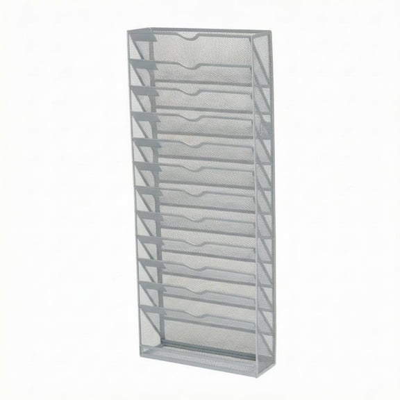 JWQFBC 13-Tier File Rack Stepped Slots Metal Mesh File Organizer Wrought Iron Style Vertical Tray Organizer, Silver