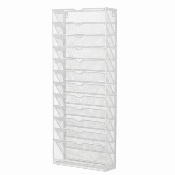 JWQFBC 13-Tier File Rack Stepped Slots Metal Mesh File Organizer Wrought Iron Style Vertical Tray Organizer, White