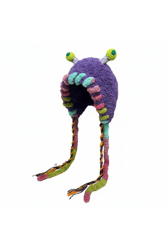 Soft Fantasy Trapper Hat Ear Protection Whimsical Creature Hat Warm Cartoon Alien Knit Cap for Kids, Young Adults, Daily Wear, Outdoor Activities, Purple
