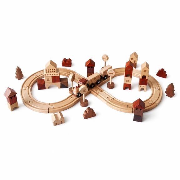 JWQFBC Wooden Rail-Building Toy Interlocking Tracks Looped Railway Set Smooth Tabletop Train Track Set, Town Track