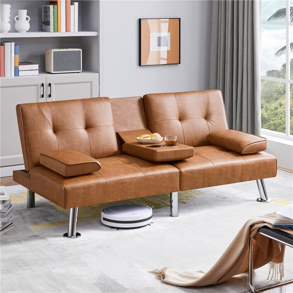 JWRWEF Faux Leather Sofa Bed Convertible Futon Couch with 2 Pillows ...