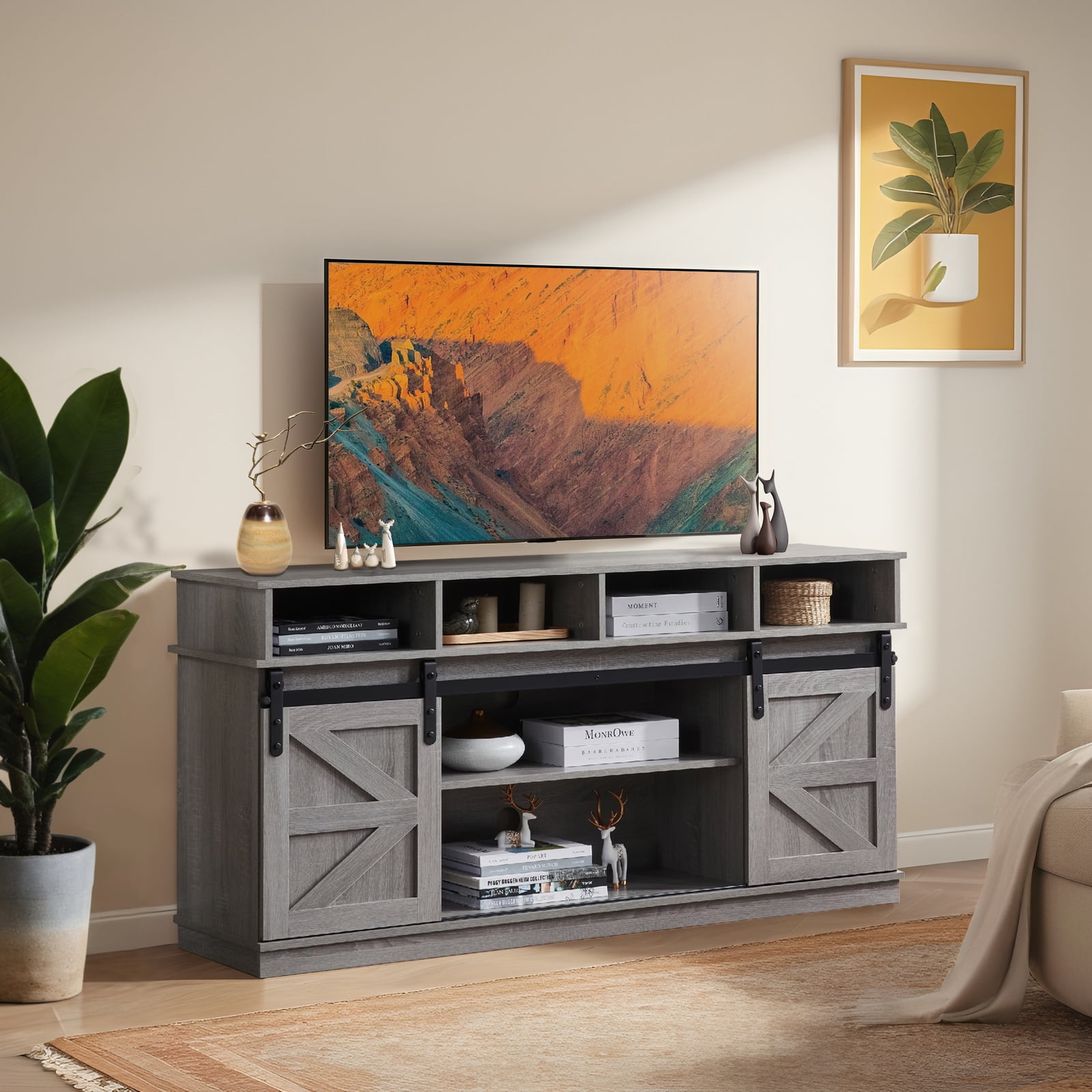 FunniHomi 58 Inch Farmhouse TV Stand Entertainment Center with Sliding Barn Doors and Storage Cabinets for TVs up to 65 Inches