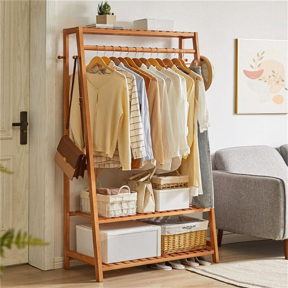 Stand Up Hanging Robe Rack JWRWEF Heavy Duty Bamboo Garment Rack, 3-Tier Clothes Hanging Stand ...