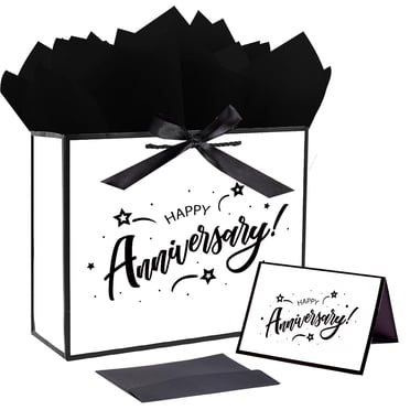 11 Medium 5 Senses Gift Bags Set - Includes Tissue & Ribbons For Birthday, Anniversary, Wedding (White & Black, 11x7.9x4 Inches)