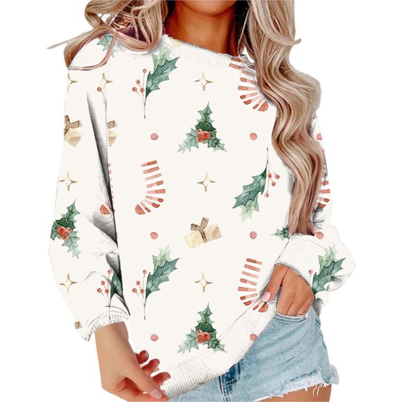 JWSVBF Christmas Sweatshirts for Women Xmas Crewneck Sweatshirt Crew Neck Women's Tops, Tees & Blouses Relaxed Womens Business Casual Clothing White