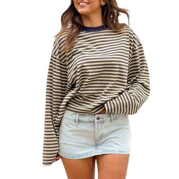 JWSVBF Long Sleeve Tops for Women Fall Clothes Pullover Striped Loose Fit Women's Clothing Womens Blouses Light Yellow