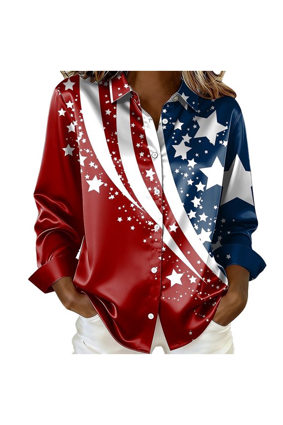 Patriotic Shirts for Women USA 2000s Clothes Beach Vacation Women's Tops, Tees & Blouses Long Sleeve Soft Womens Blouse Red