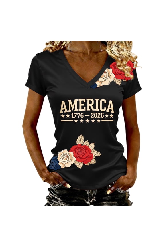Patriots Shirt for Women Freedom Summer Clothes Business Casual Women's Tops, Tees & Blouses V Neck Retro Womens Blouse Black