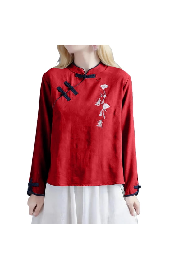 Shirts for Women 2026 Trendy T Shirt Cotton And Linen Fitness Clothing Embroidery Patterns Tee Womens Long Sleeve Tops Red