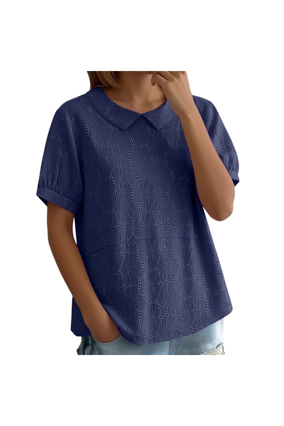 Shirts for Women Fall Fashion Cute Clothes Loose Fit Fashion Clothing Crewneck Cozy Womens Short Sleeve Tops Navy