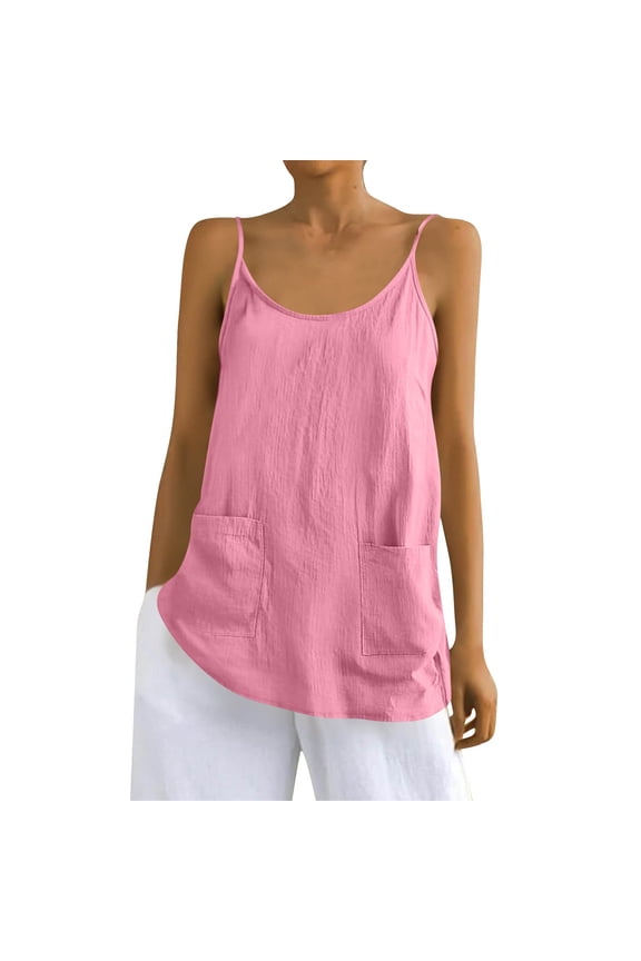 Spaghetti Strap Tank Top for Women Cotton And Linen Fitness Clothing Boho Workout Shirts Lightweight Loose Fit Summer Clothes Pink