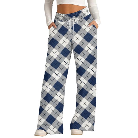 JWSVBF Women's Pants Pajamas with Pocket Workout Cotton Gingham Fleece Sports Winter Clothing Pajama Bottoms Navy