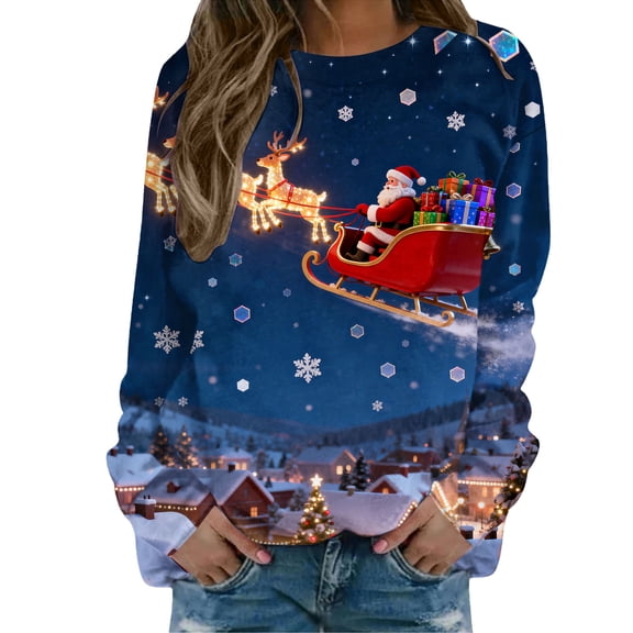 JWSVBF Womens Christmas Sweatshirt Party Women's Sweatshirts Long Sleeve Women's Tops Relaxed Santa Claus Fashion Clothing Blue2