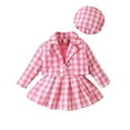 thumbnail image 1 of JWZUY Baby Girl Plaid Outfit Set - Long Sleeve Button Down Blazer Jacket, Skirt, and Beret Hat 3-Piece Fall Winter Clothes Set for Toddler Kids Pink 6 Months, 1 of 9