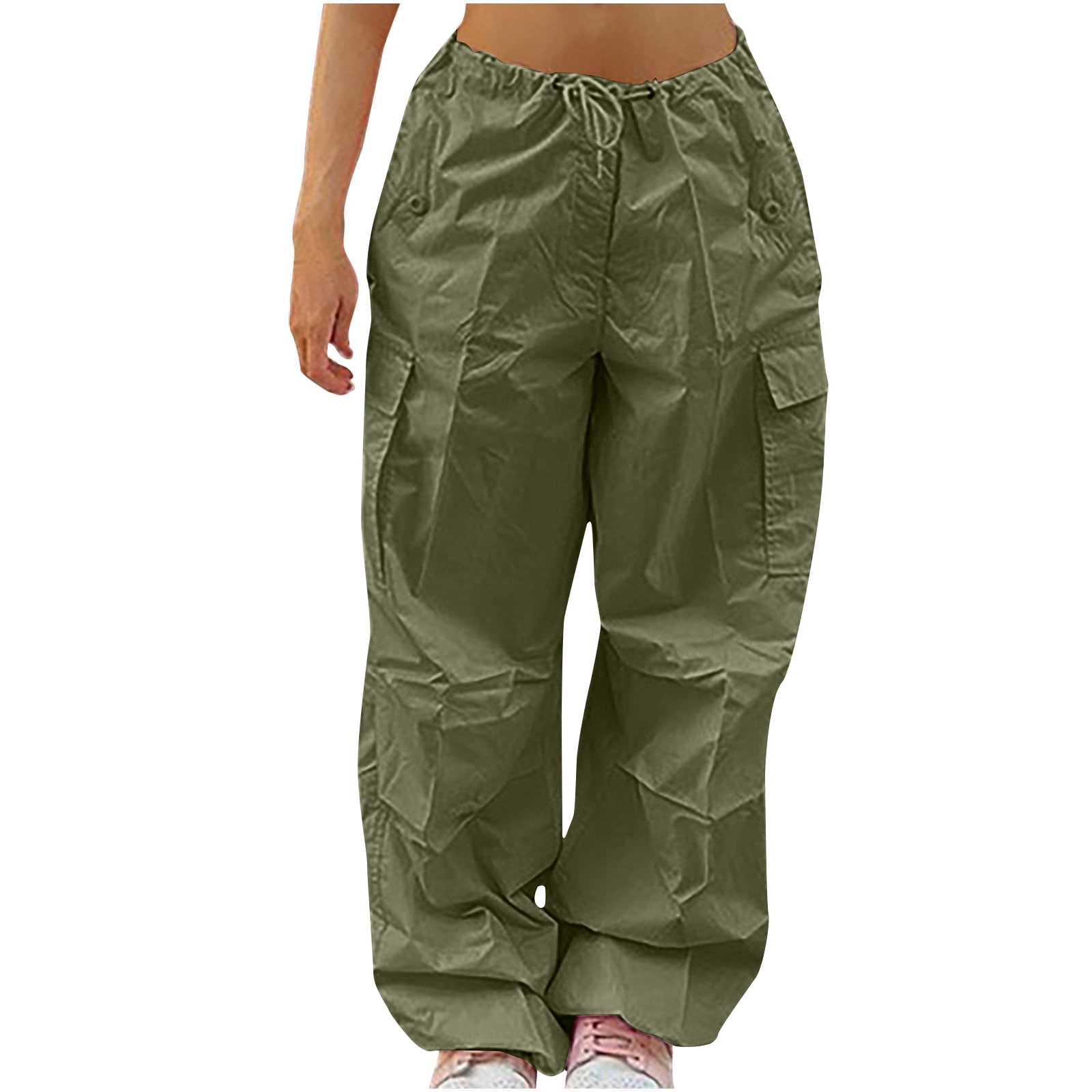 JWZUY Baggy Parachute Pants for Women Drawstring Elastic High Waist Ruched  Cargo Pants Multiple Pockets Jogger Pants Yellow L