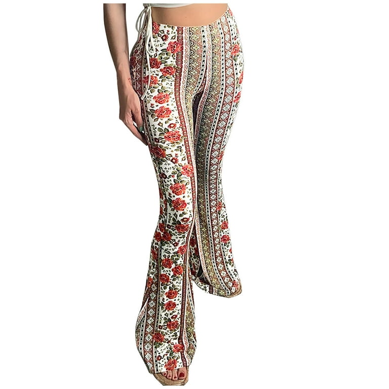 JWZUY Boho Flare Pants Elastic Waist Bell Leg Pants for Women Bohemian  Printed Stretchy Trouser Ethnic Paisley Floral Bell Bottoms Flared Leggings