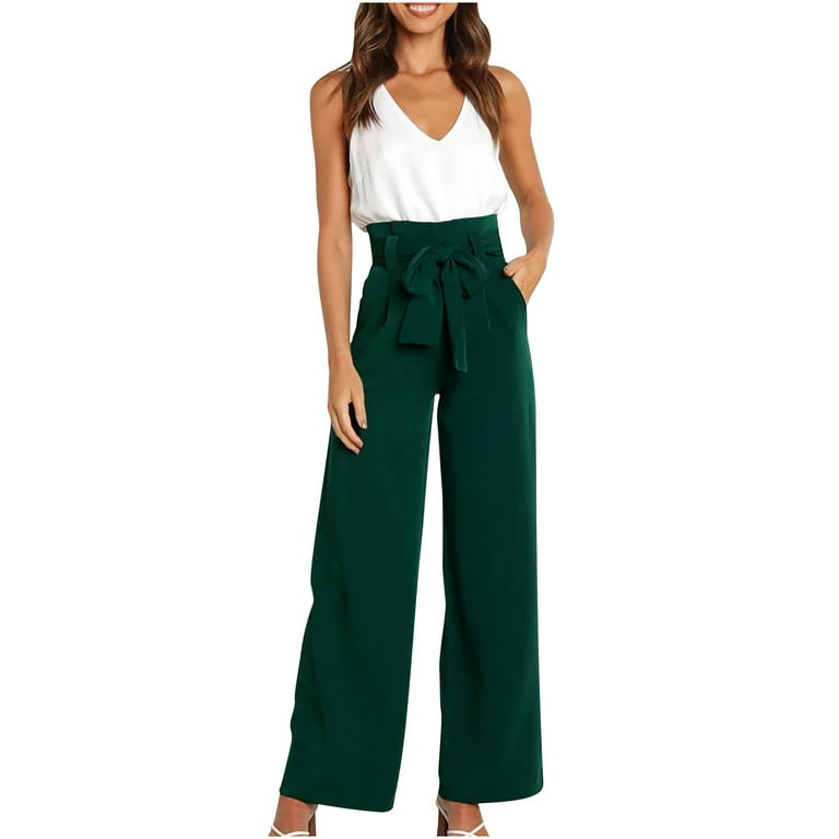 JWZUY Casual Solid High Waist Tie Front Wide Leg with Pockets Office Flowy  Pants Green XL