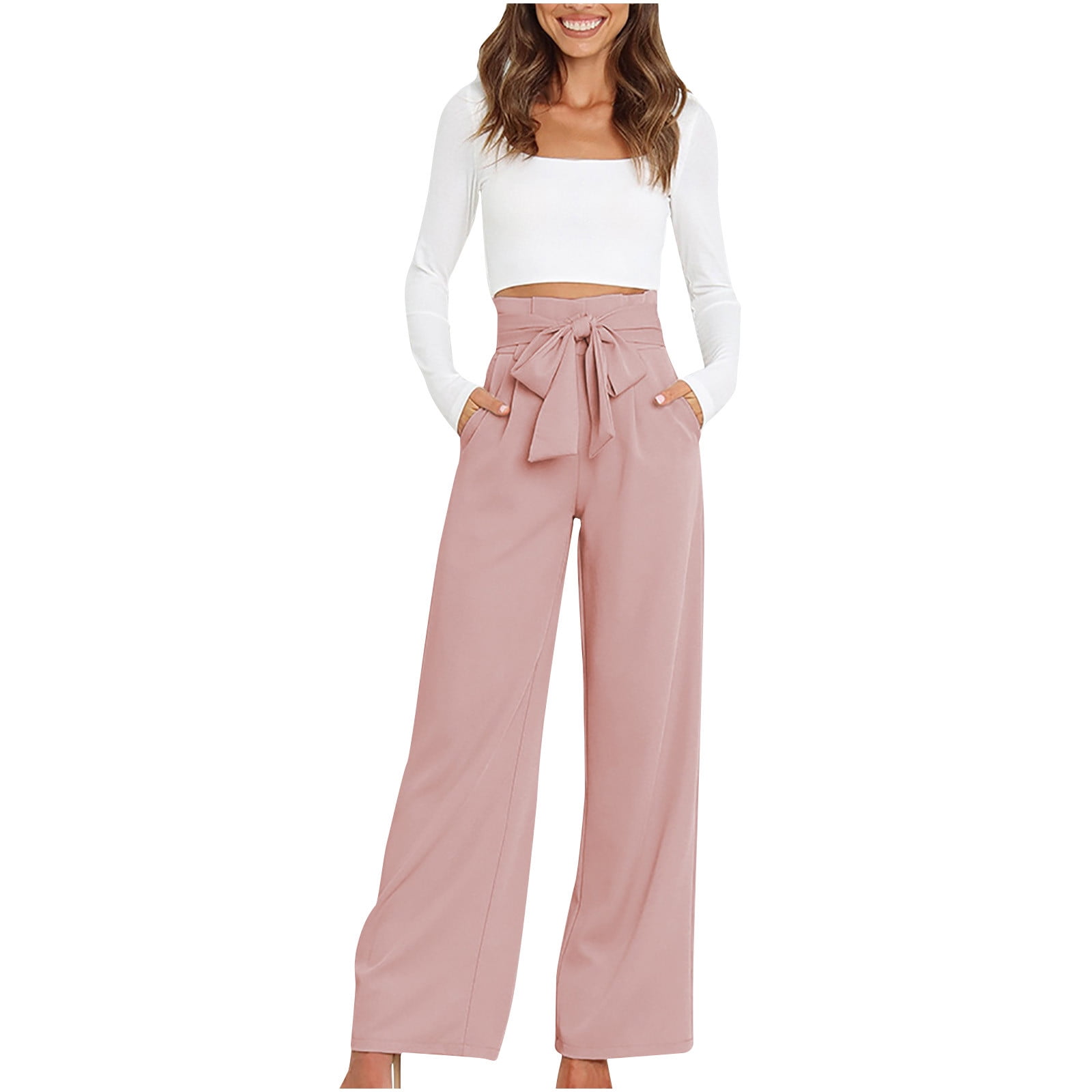 JWZUY Casual Solid High Waist Tie Front Wide Leg with Pockets Office Flowy  Pants Pink S