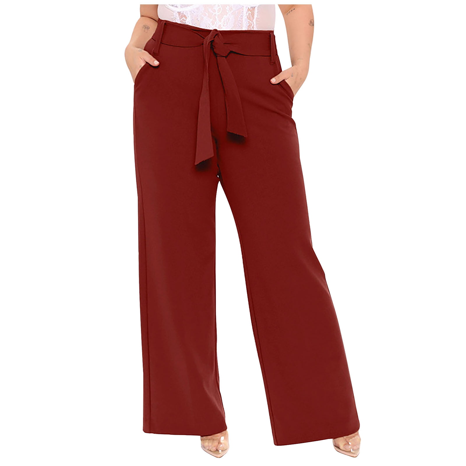 Women’s Wide Leg Pants with Elastic Waist and Tie Belt main image 1