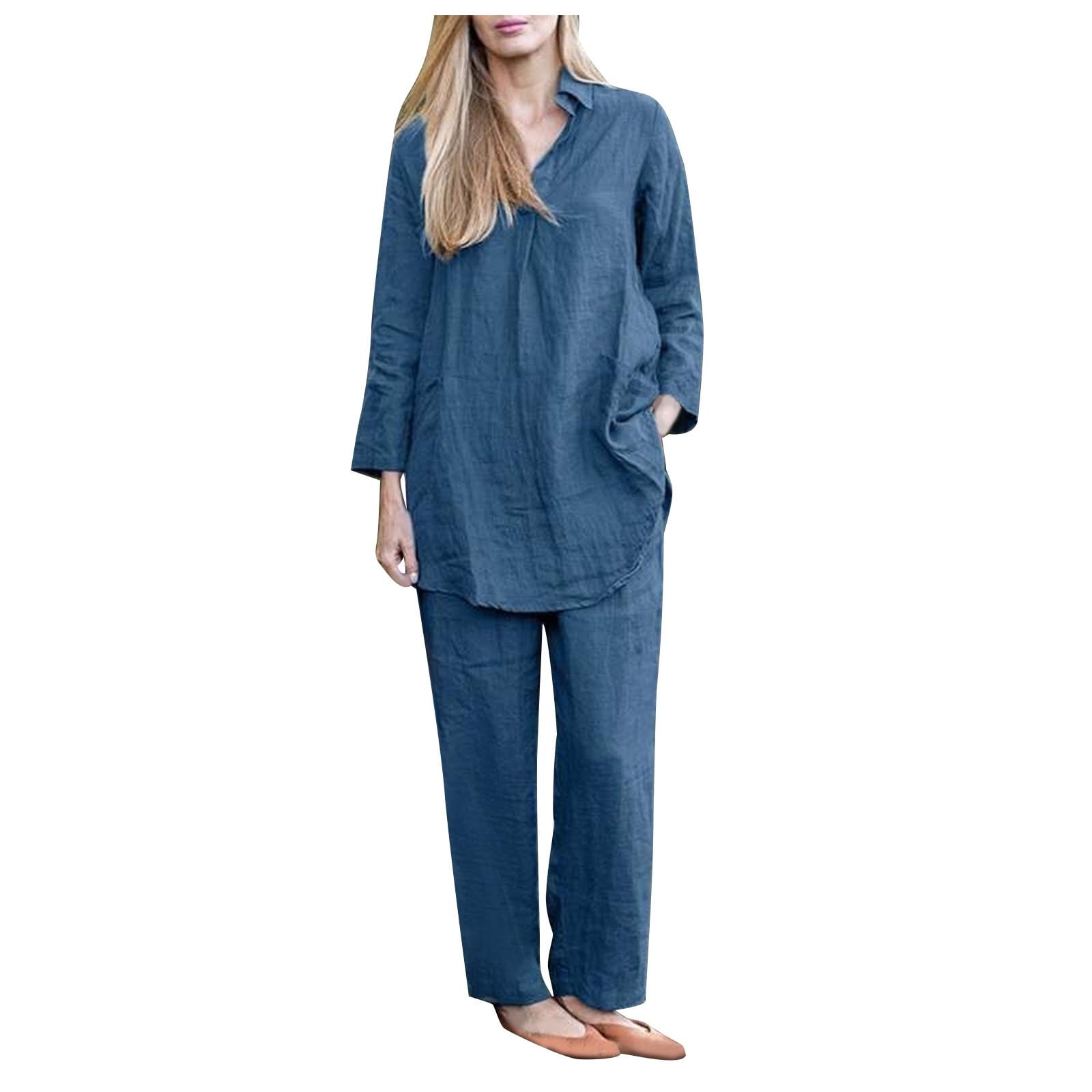 Womens Cotton Linen 2 Piece Sets Plus Size Button down Long Sleeve Shirts  with Straight Leg Pants 