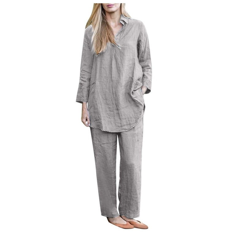 JWZUY Cotton Linen Sets Women 2 Piece Casual Long Sleeve Lapel Shirt with  Wide Leg Long Pants Cotton Linen Suits Gray M 