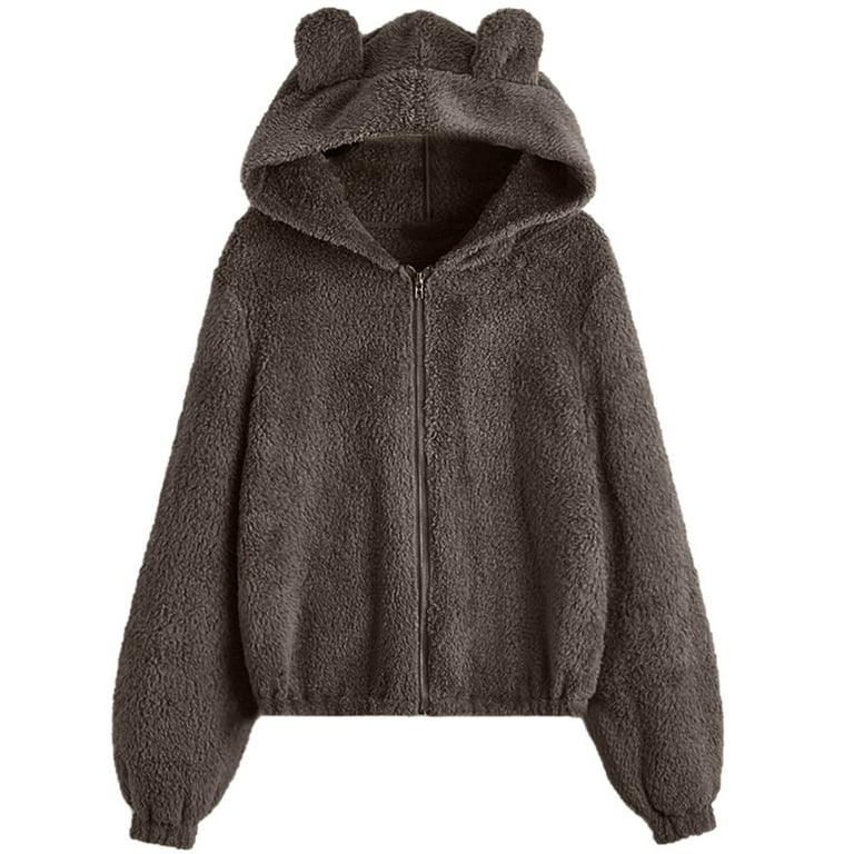 JWZUY Cute Teddy Bear Hoodie Coat for Womens Teen Girls Long Sleeve Fleece  Sweatshirt Bear Ear Hoodie Full Zipper Sweater Pullover Brown XL 