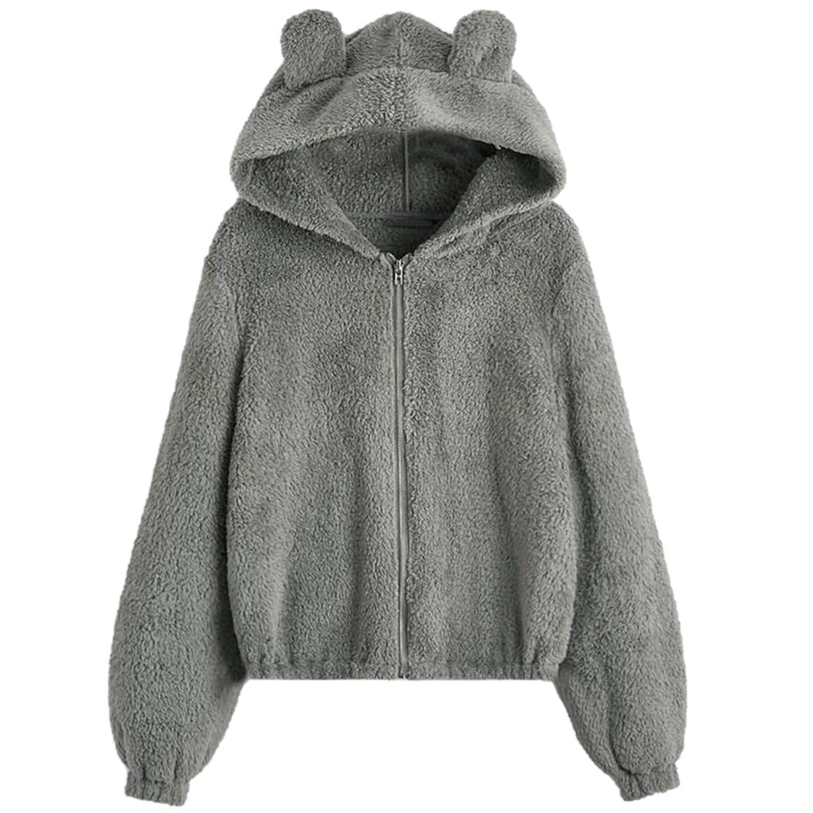 JWZUY Cute Teddy Bear Hoodie Coat for Womens Teen Girls Long Sleeve Fleece  Sweatshirt Bear Ear Hoodie Full Zipper Sweater Pullover Gray XL