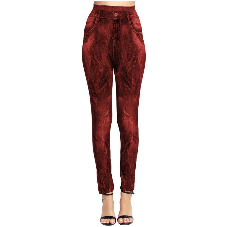 JWZUY Faux Jean Leggings Jeggings for Women High Waist Tummy Control with  Back Pockets Denim Print Cotton Blend Jeans Red M