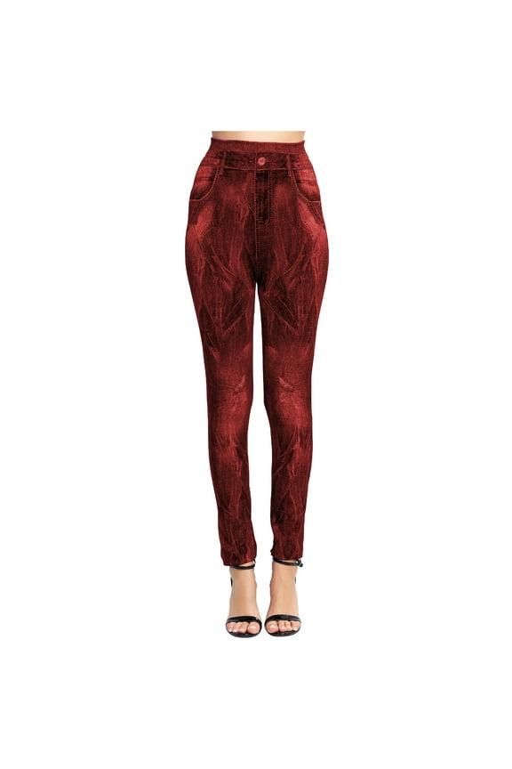 Faux Jean Leggings Jeggings for Women High Waist Tummy Control with Back Pockets Denim Print Cotton Blend Jeans Red S