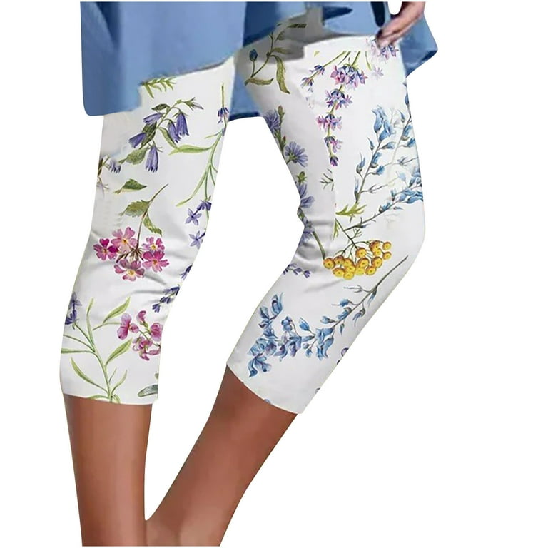JWZUY Floral Print Leggings for Women Capri Slim Legging Yoga Pants Sports  Elastic Cropped Pants White XL 