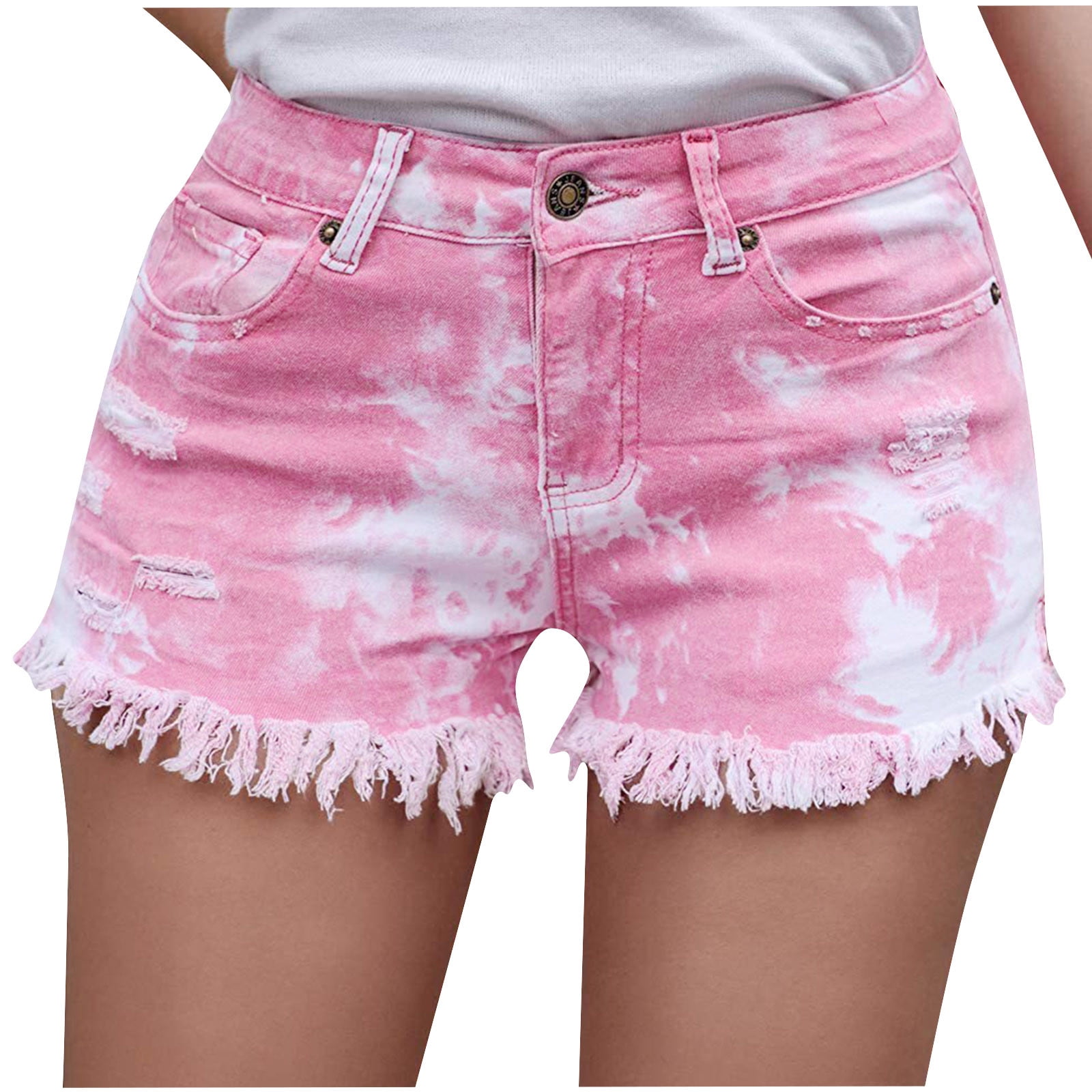 JWZUY Gradient Tie Dye Denim Shorts Women Frayed Hem Stretchy Jeans Shorts  for Women Casual Summer Mid Rise Distressed Shorts with Pockets Hot Pink XL