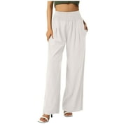 JWZUY High Waisted Pants Women Linen Wide Leg Pants Summer Casual Split Pant with Pockets White XL