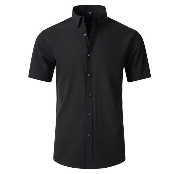 JWZUY Men's Casual Button Down Shirt Stand Collar Short Sleeve Tee Top Solid Lapel Cotton T-Shirt Black M
