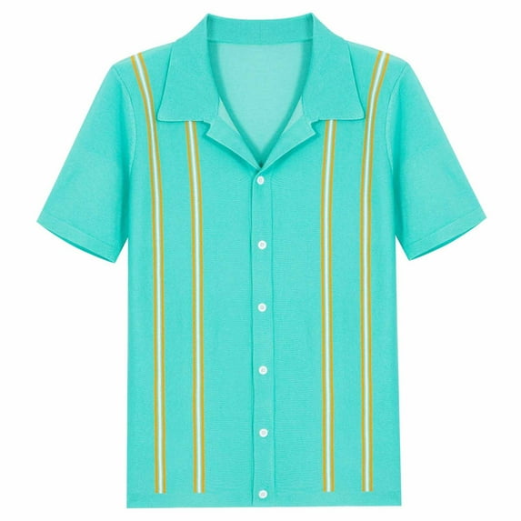 JWZUY Men's Classic Regular Fit Short Sleeve Lapel Collar Button Down Striped Blouse Basic Tops Mint Green XL