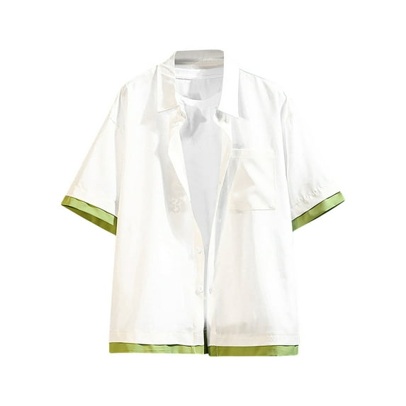 JWZUY Men's Contrast Color Mock Two-Piece Short-Sleeve Shirt Solid Button-Up Fashion Shirt Blouse White 3XL
