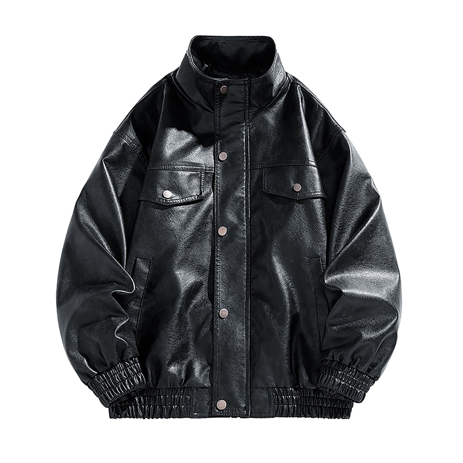 JWZUY Men's Fashion Solid Baggy Fit PU Leather Motorcycle Jacket